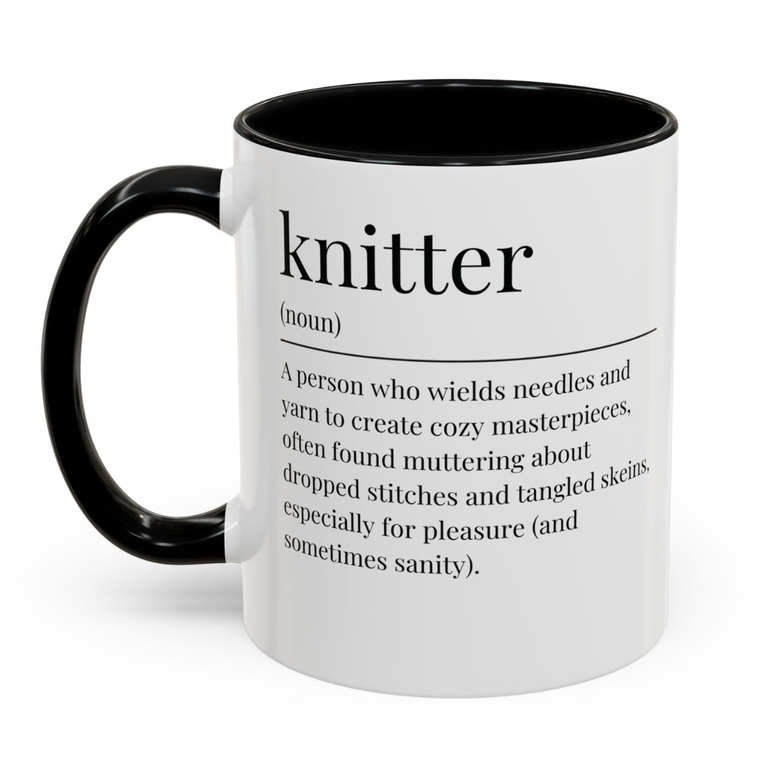 Mug with a funny definition of a 'knitter' on a white background.