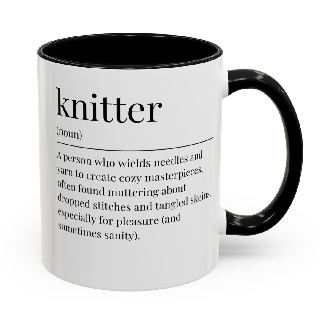 Mug with a funny definition of a 'knitter' on a white background.