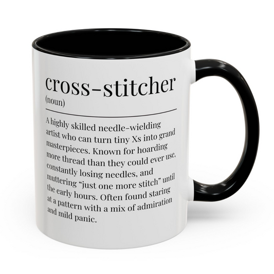 Mug with definition of a cross-stitcher on a white background