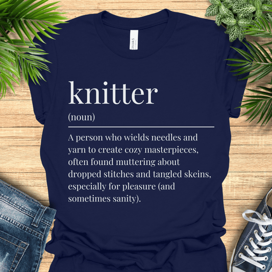 Funny t-shirt for people that knit, with a dictionary-style definition of ‘knitter'. An ideal gift for knitters.